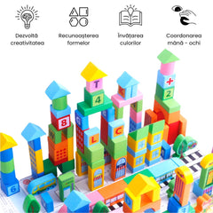 Set de Construcție din lemn Smart Town, 100 piese, 3 ani+