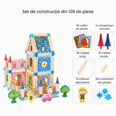 Set de construcție din 128 de piese, lemn, 3 ani+