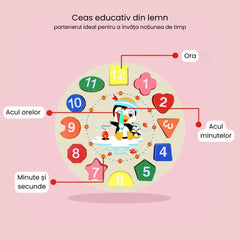 Ceas educativ din lemn - Învață timpul, culorile și formele, 2 ani+