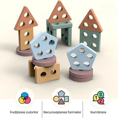 Joc de sortare a formelor din lemn, 5 culori pastelate, 1 an+