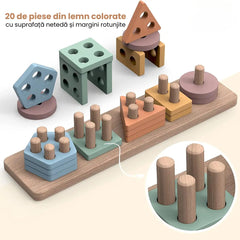 Joc de sortare a formelor din lemn, 5 culori pastelate, 1 an+