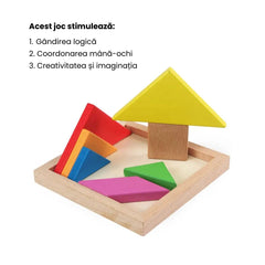 Puzzle educativ 3D Tangram, 7 piese lemn, culori de bază, 2 ani+