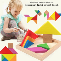 Puzzle educativ 3D Tangram, 7 piese lemn, culori de bază, 2 ani+