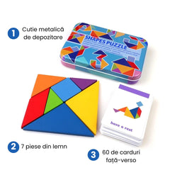 Tangram din lemn cu 60 de carduri - Shapes Puzzle, 3 ani+
