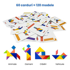 Tangram din lemn cu 60 de carduri - Shapes Puzzle, 3 ani+