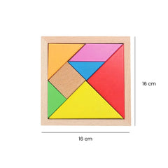 Puzzle educativ 3D Tangram, 7 piese lemn, culori de bază, 2 ani+