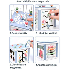 Cub educativ din lemn cu 8 activități, culori pastelate, 2 ani+