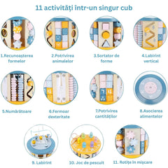 Cub Montessori din Lemn, 11 activități, culori pastelate, 2 ani+