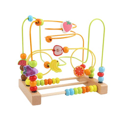 Labirint Montessori din lemn cu mărgele și forme 3D – Animale și Fructe