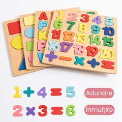 Puzzle Incastru 3D din lemn: forme, cifre, litere
