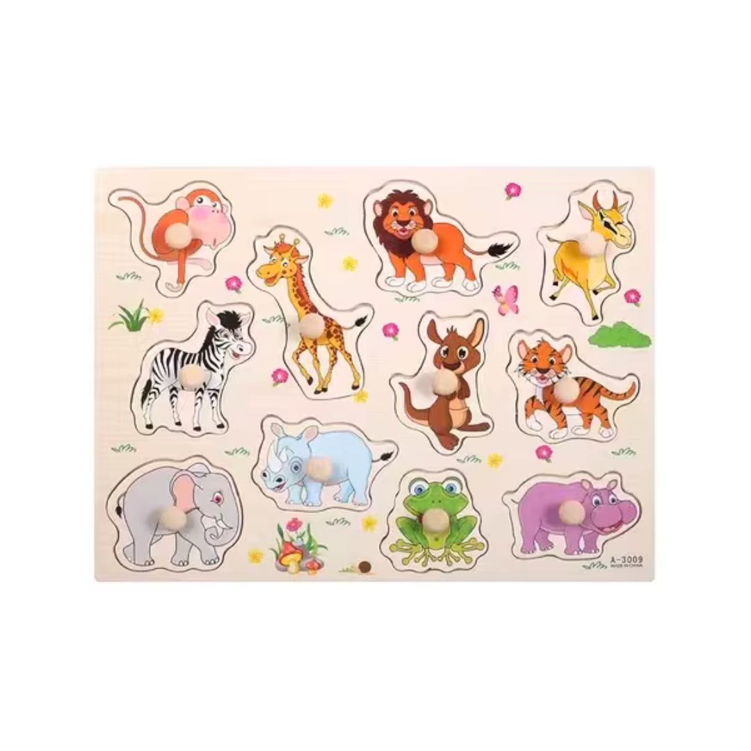 Puzzle incastru din lemn, cu butoni, 15 modele, 2 ani+