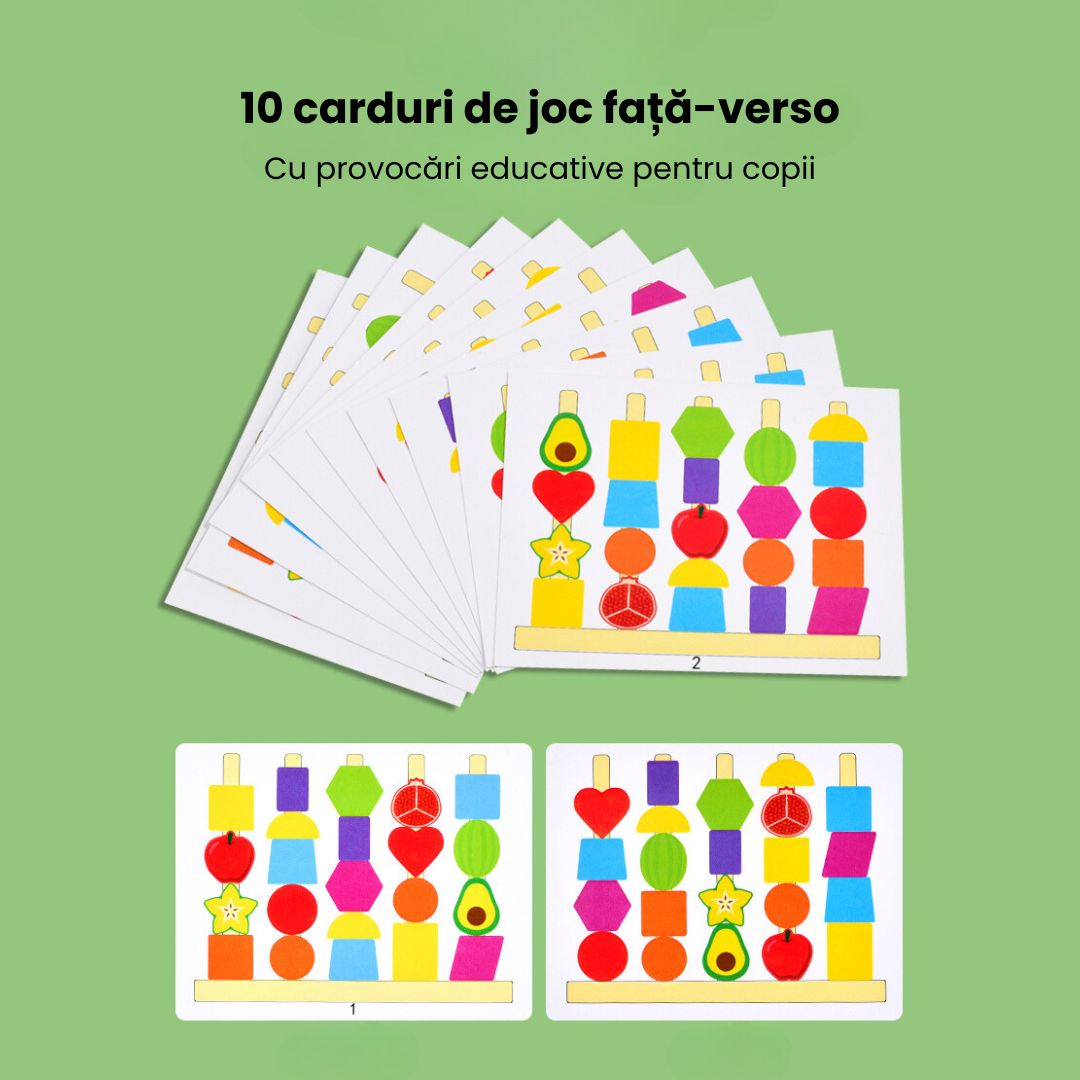 Turnul formelor și al fructelor, 10 carduri cu modele, 3 ani+