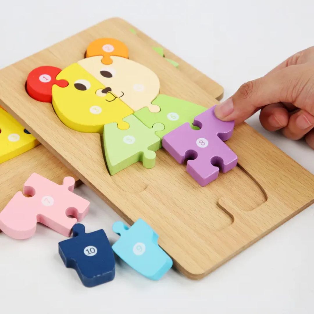 Puzzle 3D Montessori din lemn, 10 piese, 2 ani+