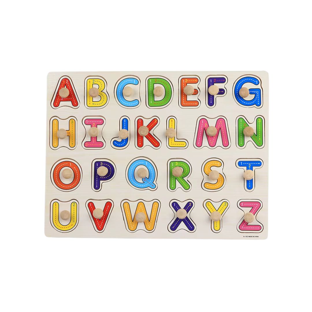 Puzzle incastru din lemn, cu butoni, 15 modele, 2 ani+