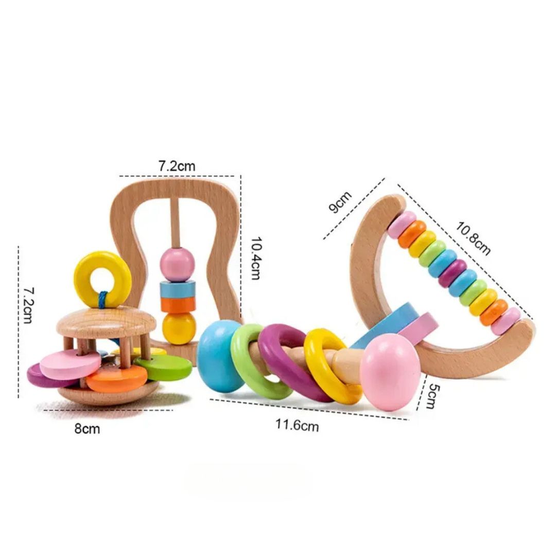 Set 4 jucării senzoriale din lemn, 6 luni+