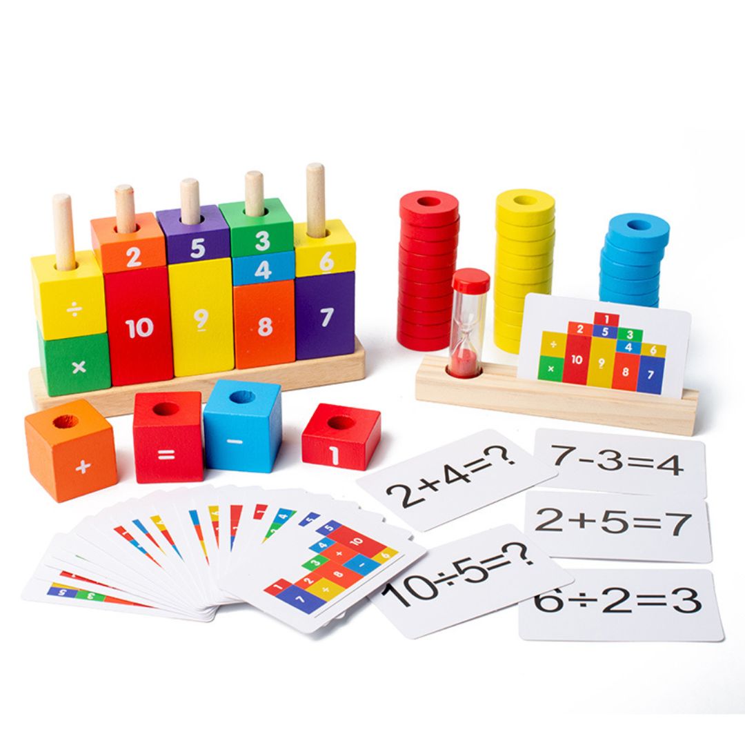 Joc educativ Aritmetica de Bază, piese din lemn și carduri interactive, 3 ani+