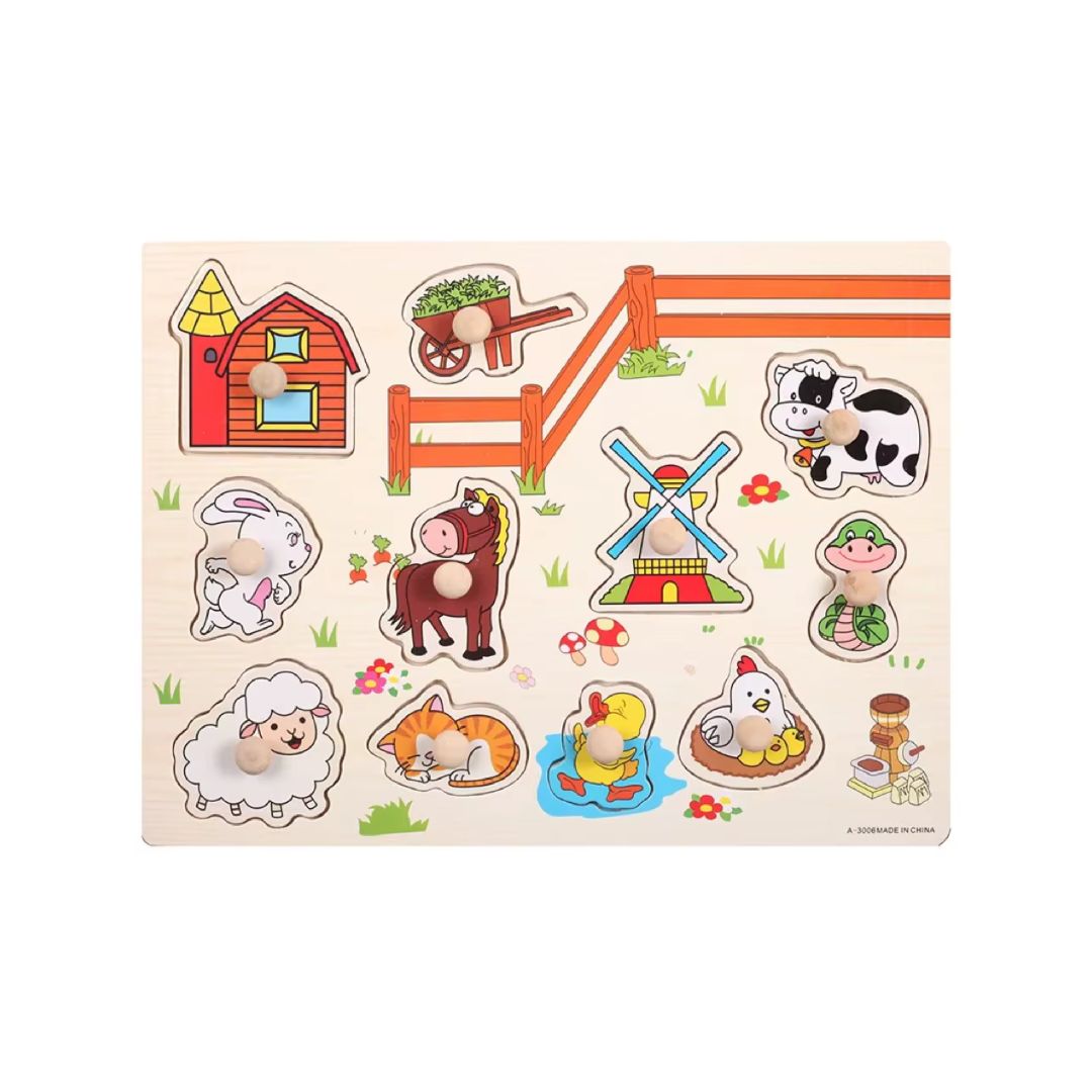Puzzle incastru din lemn, cu butoni, 15 modele, 2 ani+