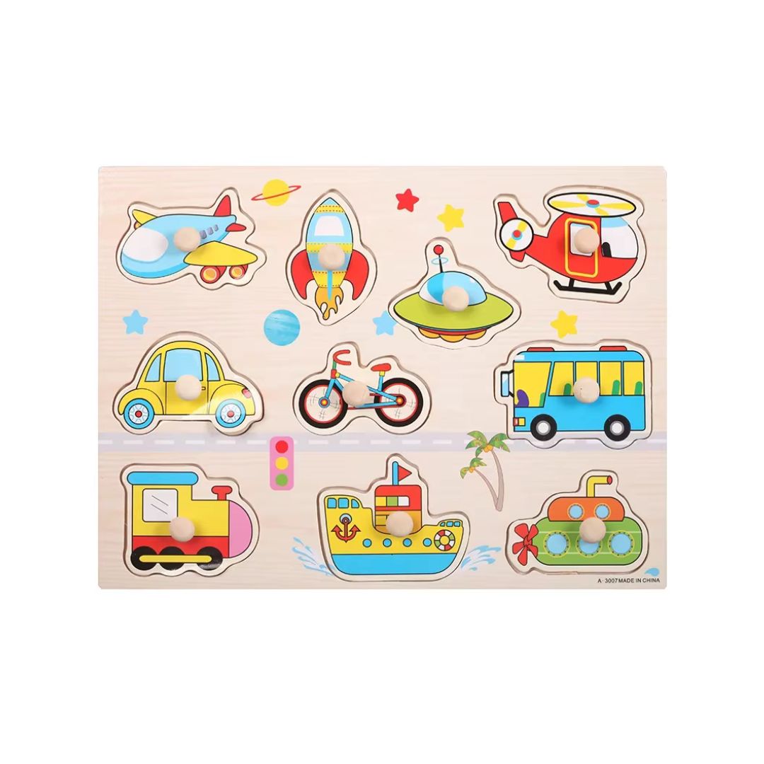 Puzzle incastru din lemn, cu butoni, 15 modele, 2 ani+