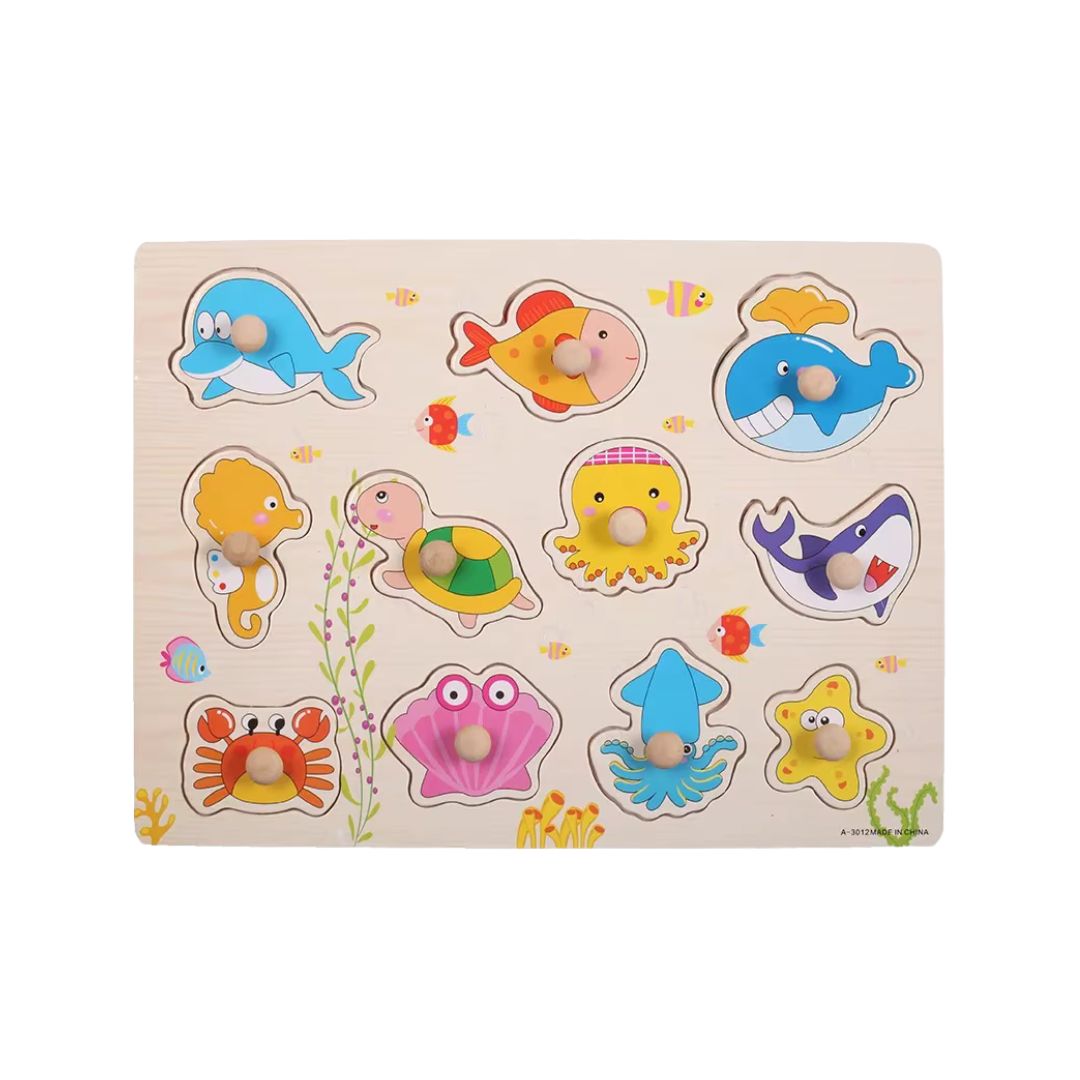 Puzzle incastru din lemn, cu butoni, 15 modele, 2 ani+