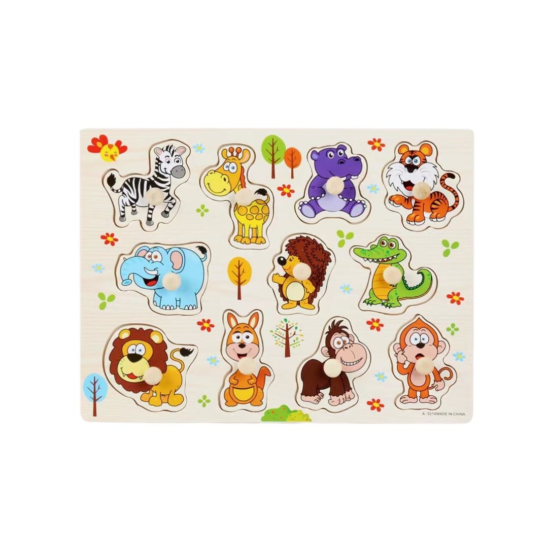 Puzzle incastru din lemn, cu butoni, 15 modele, 2 ani+