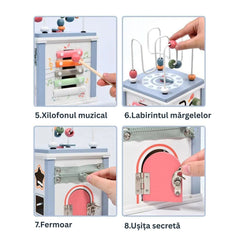 Cub educativ din lemn cu 8 activități, culori pastelate, 2 ani+
