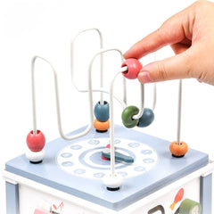 Cub educativ din lemn cu 8 activități, culori pastelate, 2 ani+