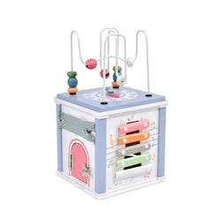 Cub educativ din lemn cu 8 activități, culori pastelate, 2 ani+