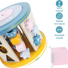 Cub Montessori din Lemn, 11 activități, culori pastelate, 2 ani+