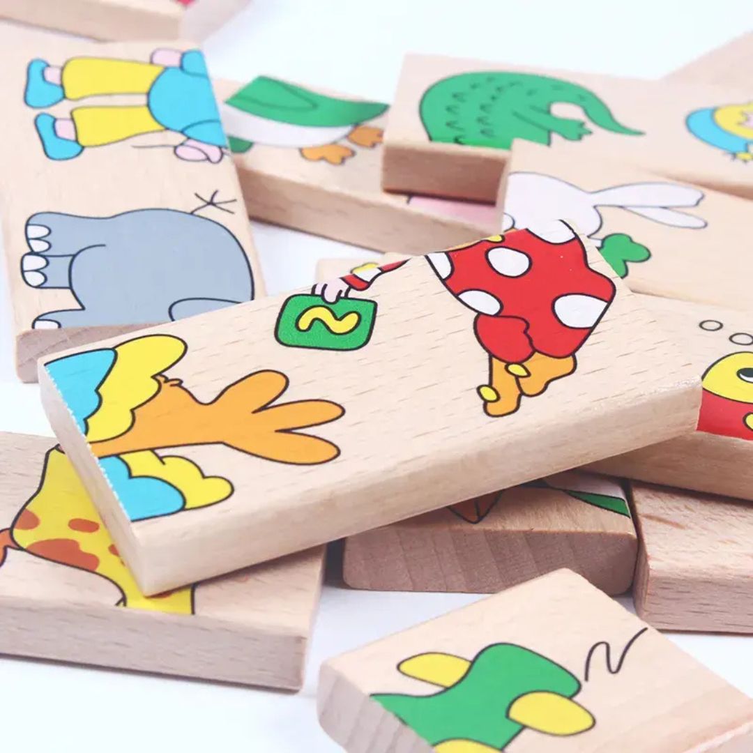 Domino din lemn cu animale colorate