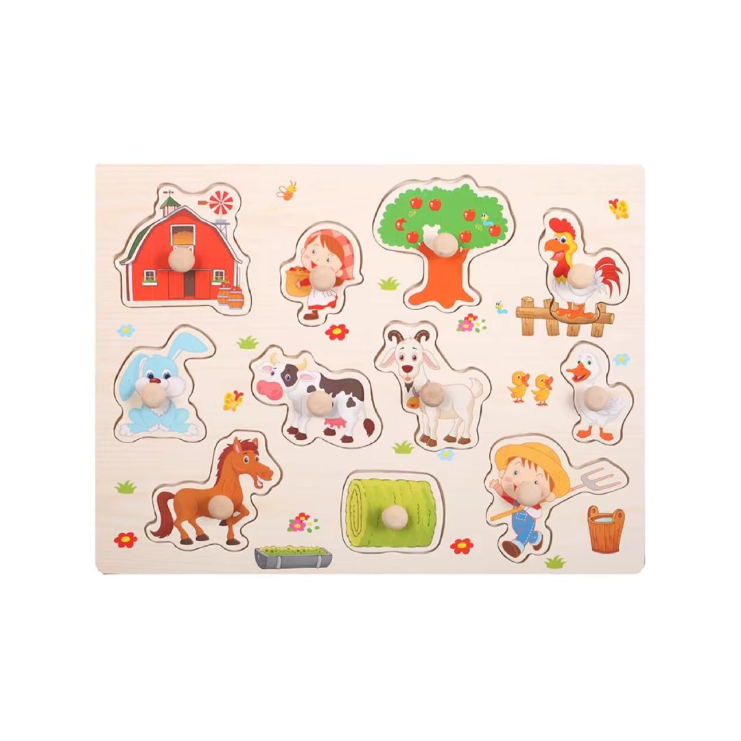 Puzzle incastru din lemn, cu butoni, 15 modele, 2 ani+