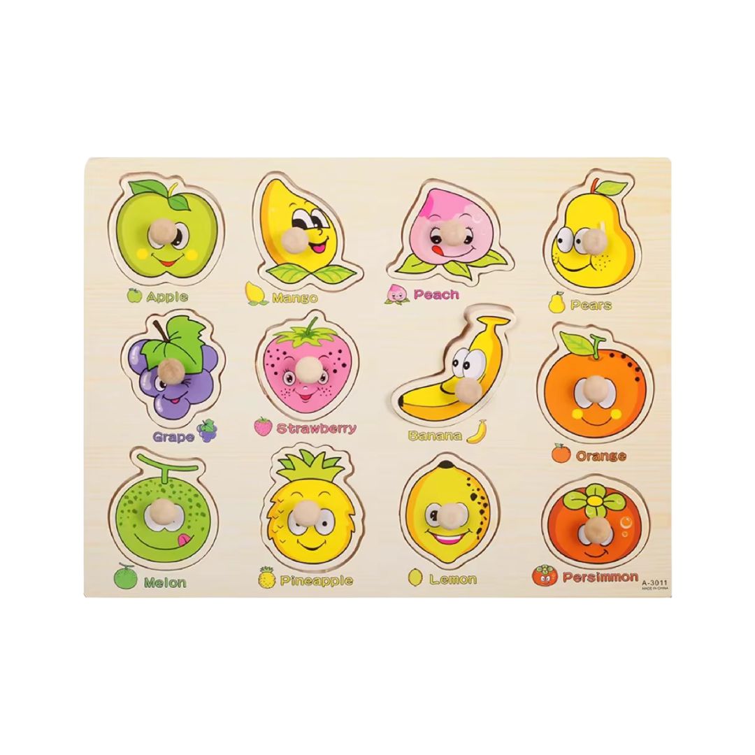 Puzzle incastru din lemn, cu butoni, 15 modele, 2 ani+