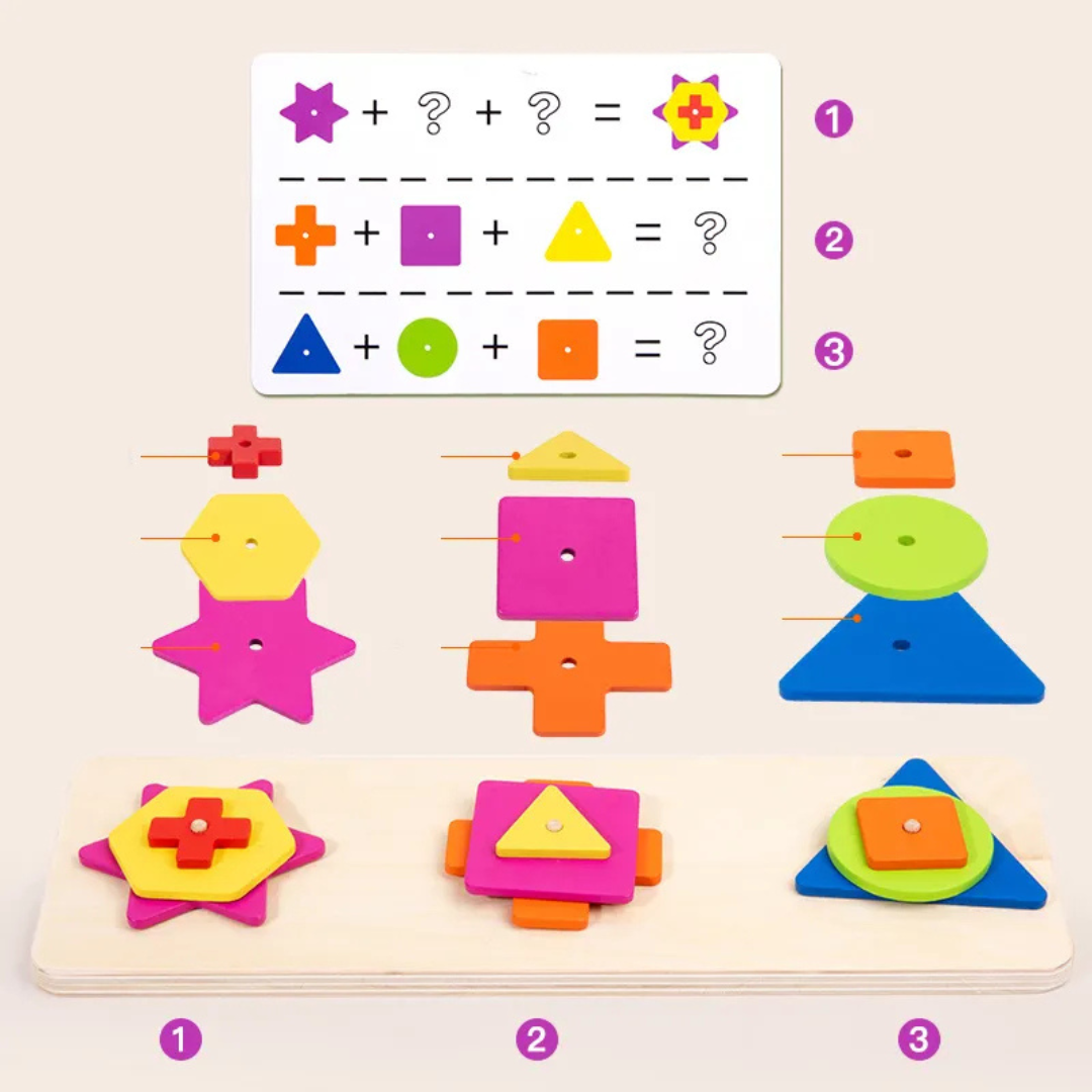 Joc de asociere forme geometrice, 18 piese din lemn, 10 carduri, 3 ani+