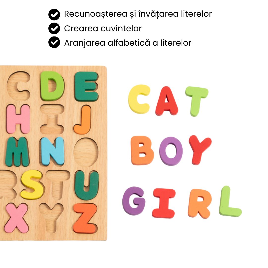 Puzzle Incastru 3D din lemn: forme, cifre, litere