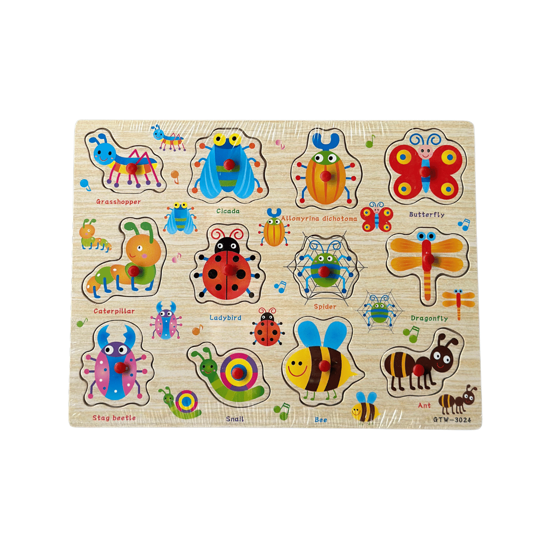 Puzzle incastru din lemn, cu butoni, 15 modele, 2 ani+