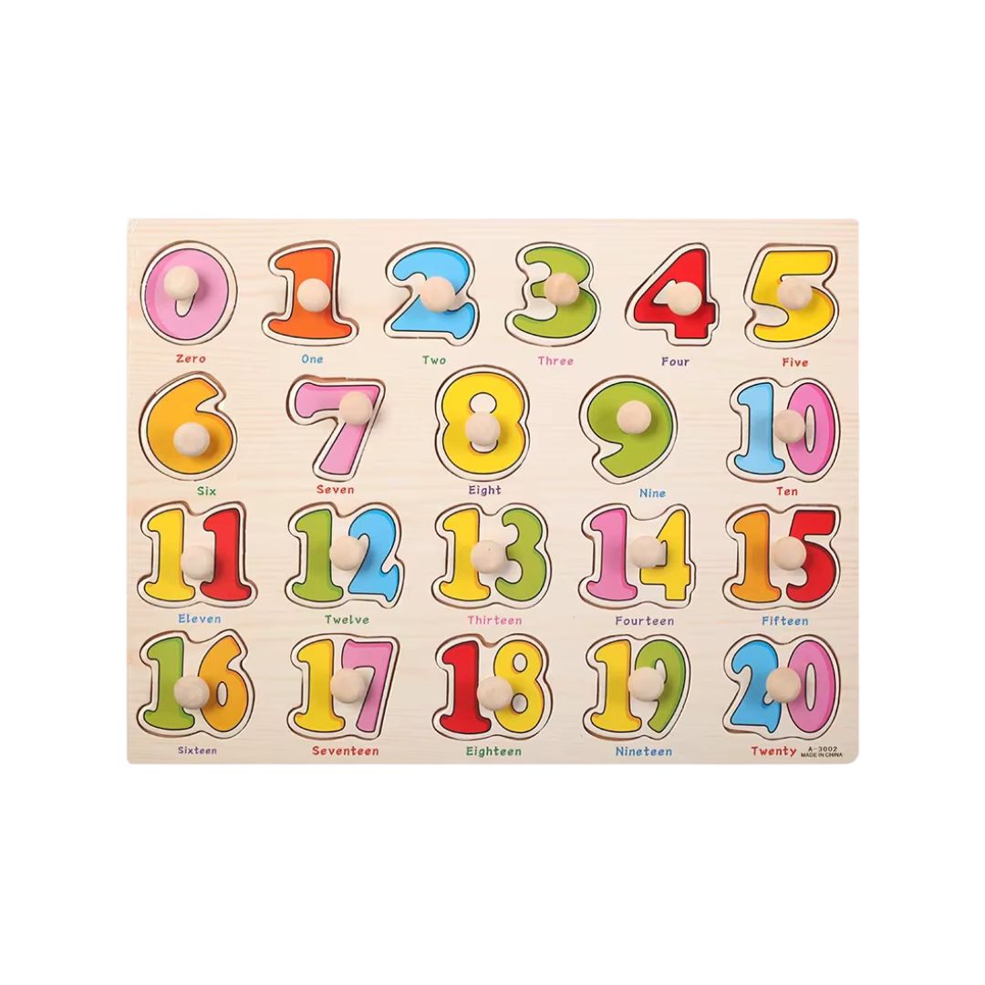 Puzzle incastru din lemn, cu butoni, 15 modele, 2 ani+