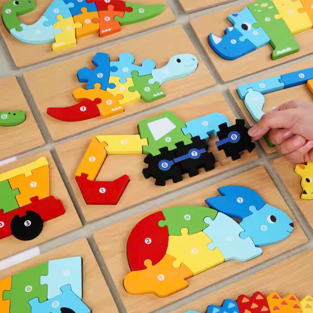 Puzzle 3D din lemn, 6-9 piese, 2 ani+