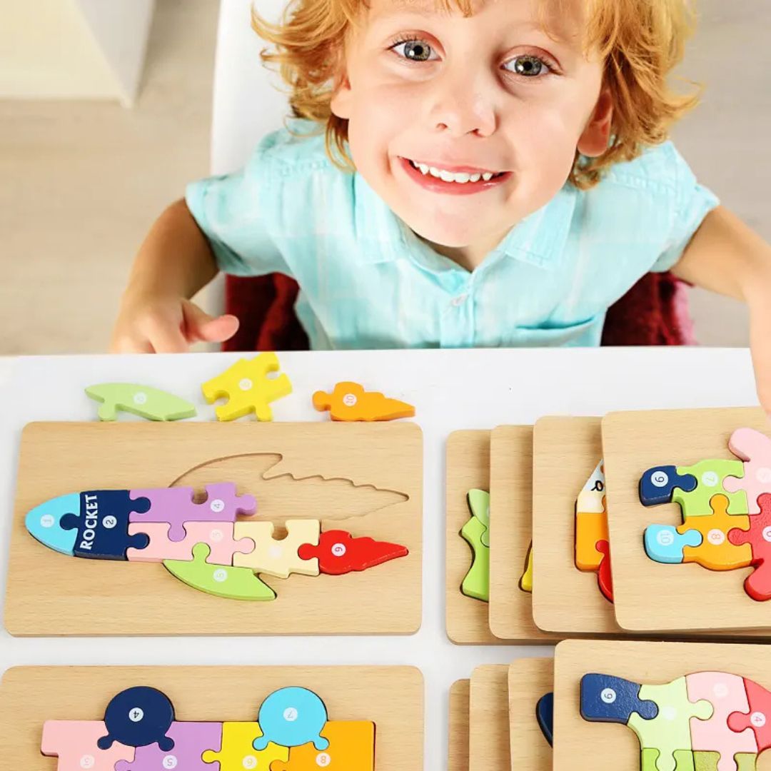 Puzzle 3D Montessori din lemn, 10 piese, 2 ani+
