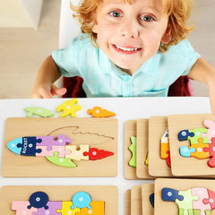 Puzzle 3D Montessori din lemn, 10 piese, 2 ani+