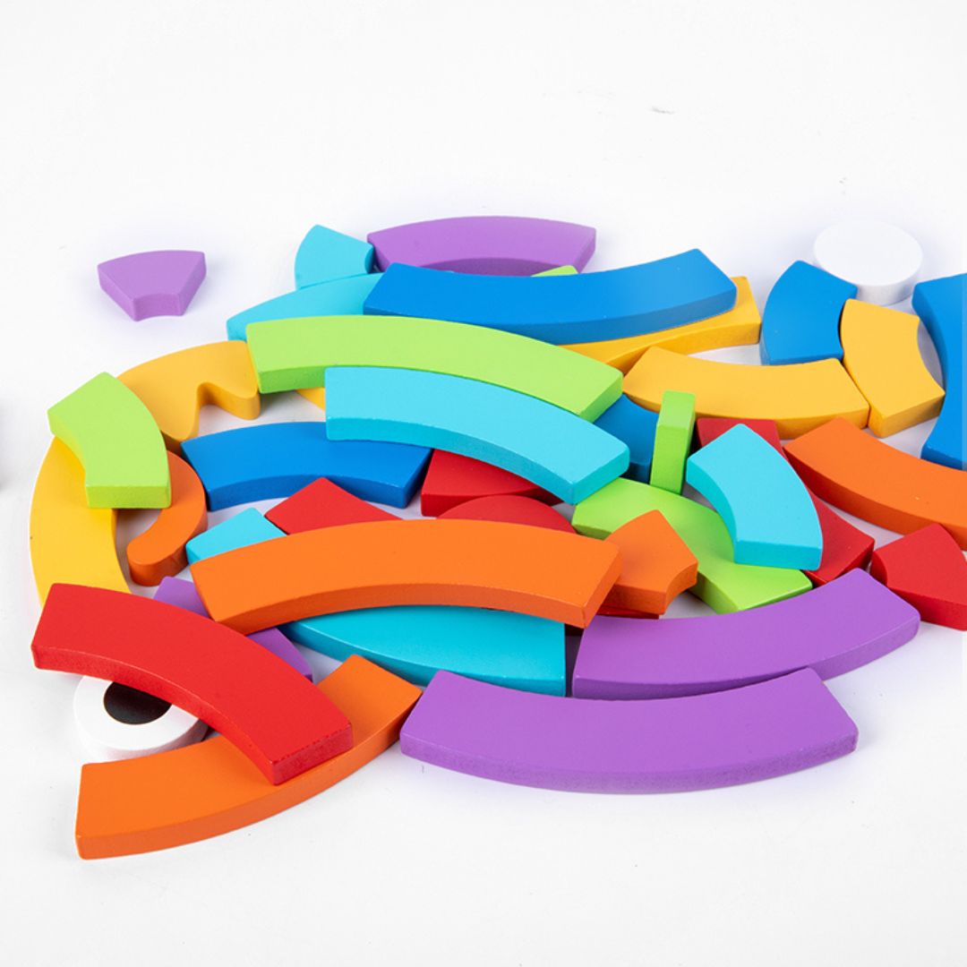 Puzzle curcubeu din lemn, tip Montessori