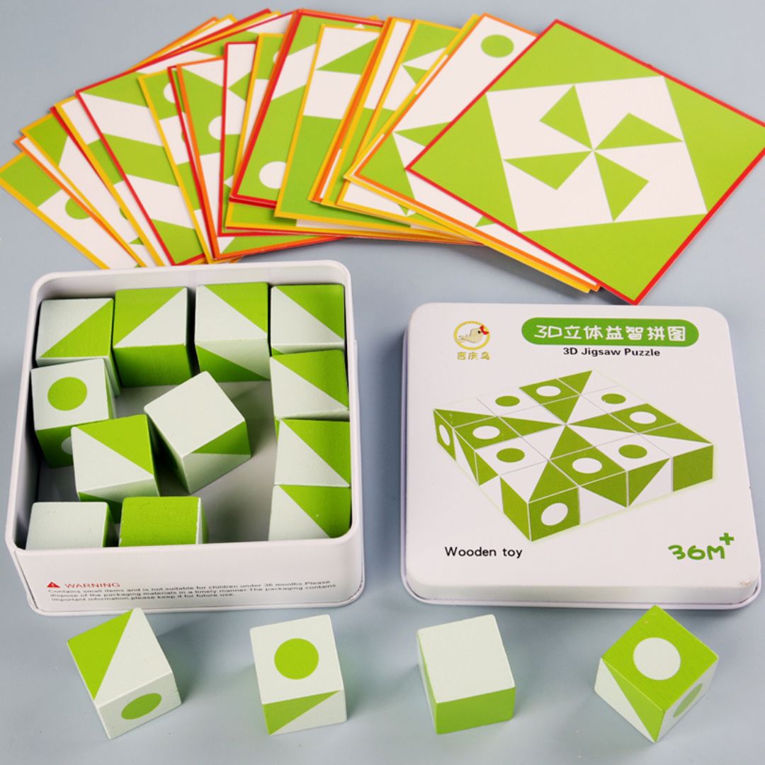 Puzzle geometric 3D cu carduri și cuburi