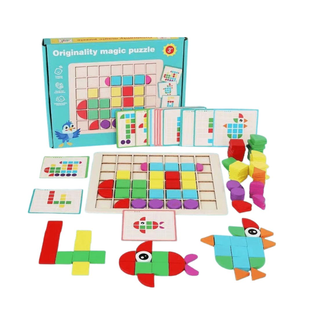 Puzzle mozaic din lemn, 124 piese și 20 carduri